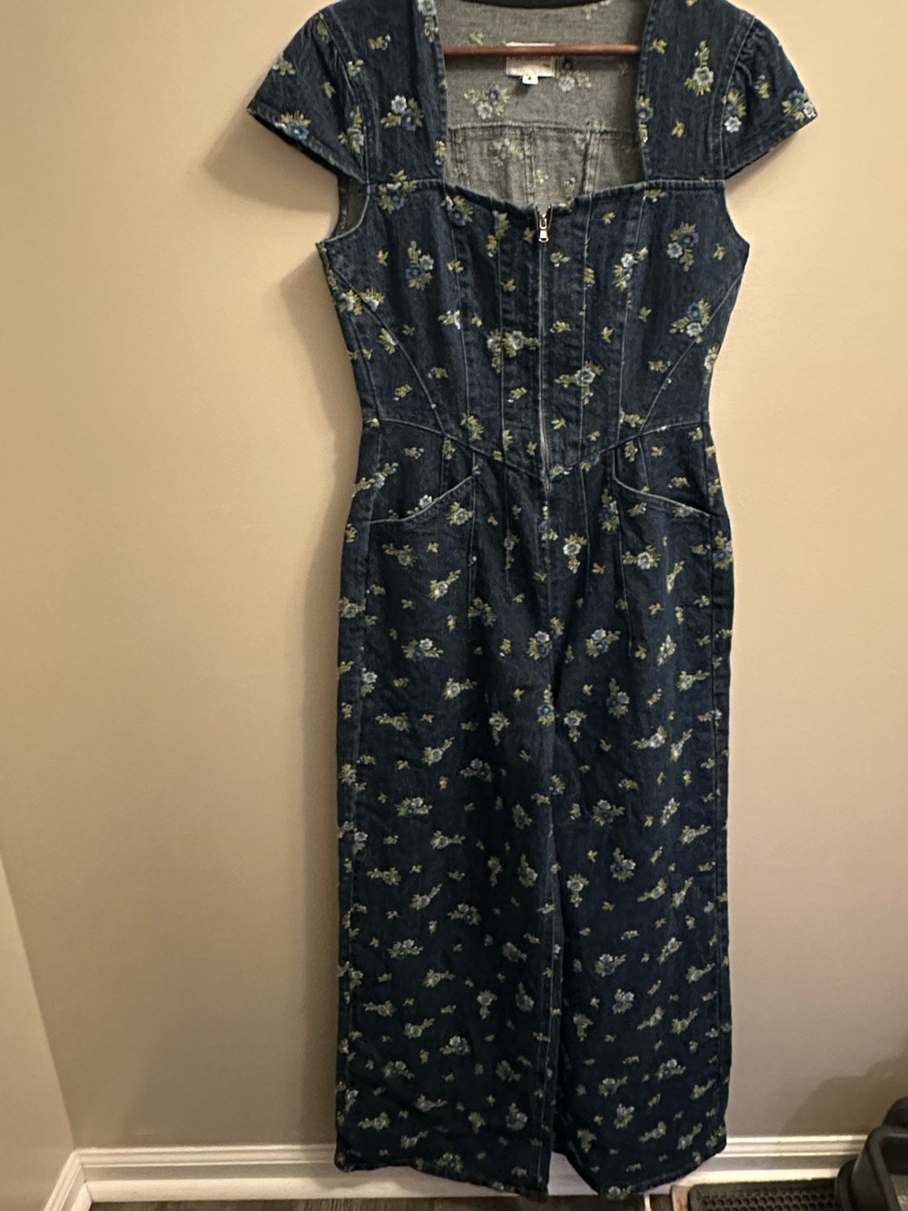 Dark Blue Floral Denim Jumpsuit with Cap Sleeves